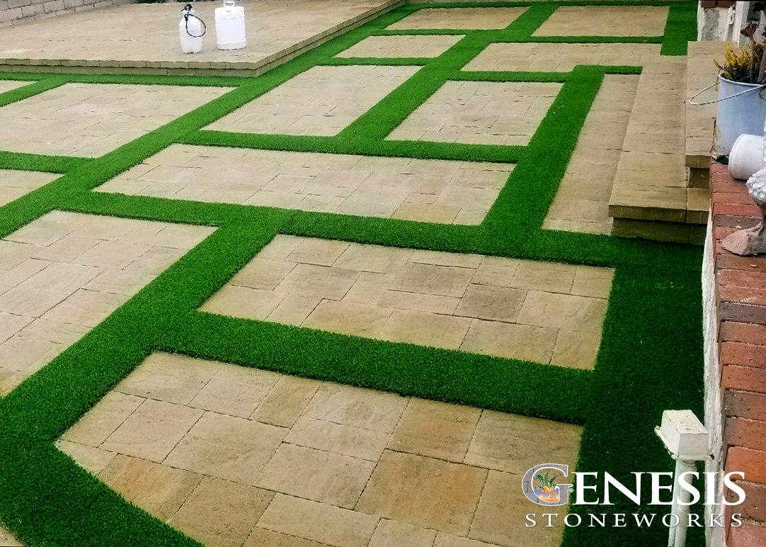 Paver pool deck and turf project by Genesis Stoneworks in Santa Barbara County, California